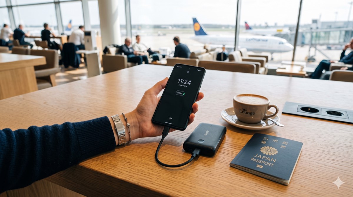 空港でコンパクトなモバイルバッテリーからスマホを充電する様子