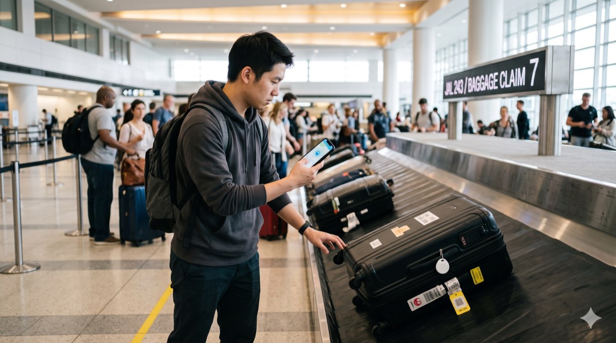 空港の手荷物受取でスーツケースの位置をスマホで確認する様子