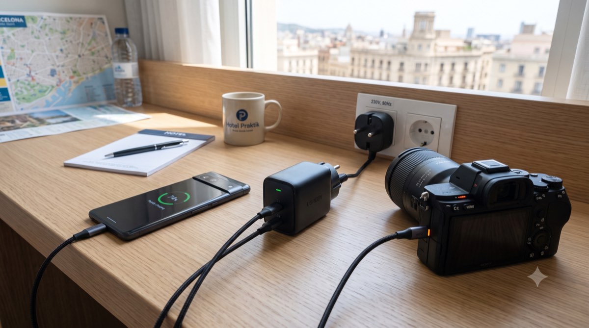 海外のホテルで小型急速充電器と変換プラグでスマホとカメラを充電する様子