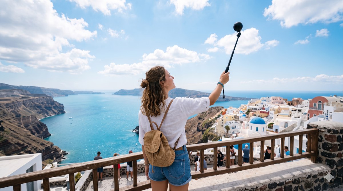 絶景スポットで自撮り棒に付けたInsta360 X4で撮影する様子