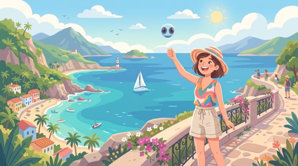 360度カメラを掲げて海辺の絶景を撮影する旅行者（イラスト）