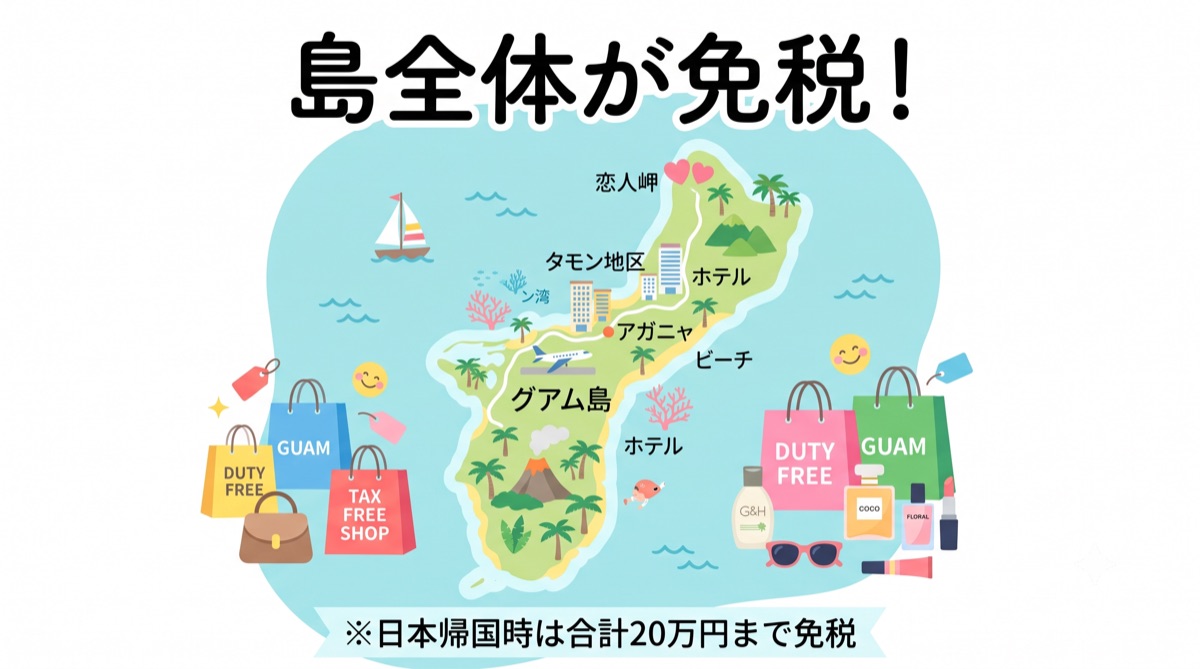 グアムは島全体が免税であることを示す図解イラスト。日本帰国時は合計20万円まで免税